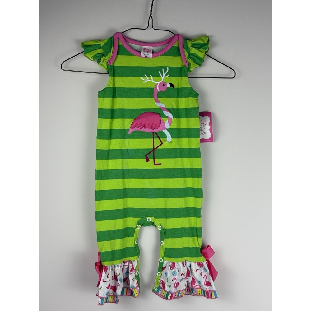 Ricrac & Ruffles Baby All Is Calm, All Is Bright Flamingo Bow Romper 12 M NWT